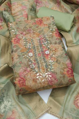 multi unstitched shimmer print handwork with printed dupatta linen dress material