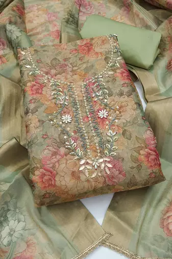 multi unstitched shimmer print handwork with printed dupatta linen dress material