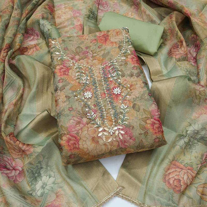 multi unstitched shimmer print handwork with printed dupatta linen dress material