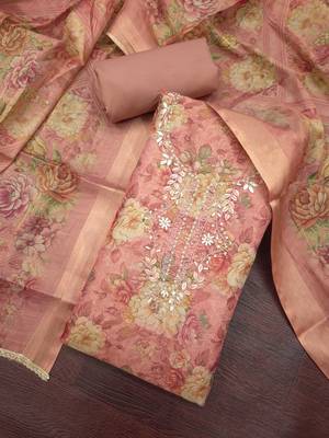 multi unstitched shimmer print handwork with printed dupatta linen dress material 4