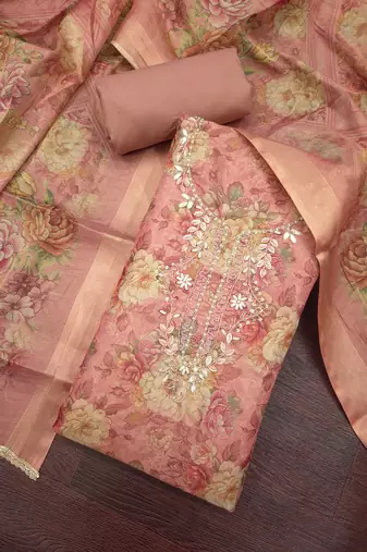 multi unstitched shimmer print handwork with printed dupatta linen dress material