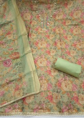 multi unstitched shimmer print handwork with printed dupatta linen dress material 2