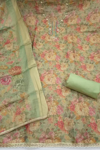 multi unstitched shimmer print handwork with printed dupatta linen dress material