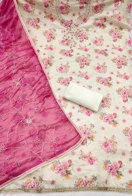 multi unstitched digital print handwork with embroidered dupatta modal butti chanderi dress material 2