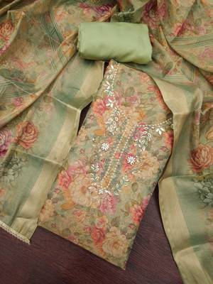 multi unstitched shimmer print handwork with printed dupatta linen dress material 4