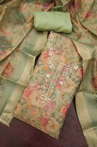 multi unstitched shimmer print handwork with printed dupatta linen dress material
