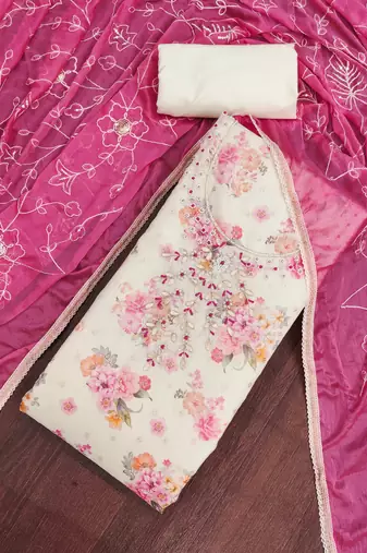 multi unstitched digital print handwork with embroidered dupatta modal butti chanderi dress material
