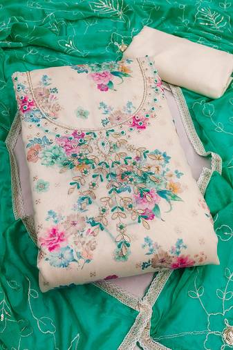 multi unstitched digital print handwork with embroidered dupatta modal butti chanderi dress material