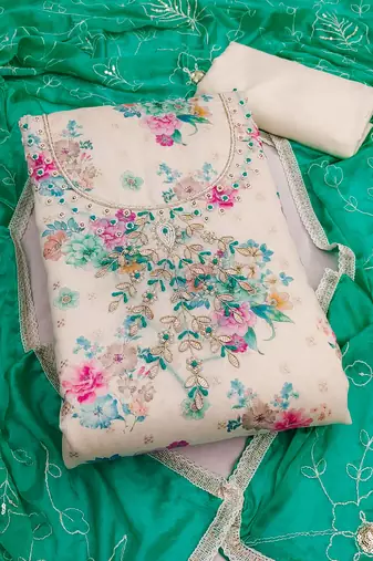 multi unstitched digital print handwork with embroidered dupatta modal butti chanderi dress material