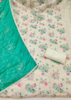 multi unstitched digital print handwork with embroidered dupatta modal butti chanderi dress material 2