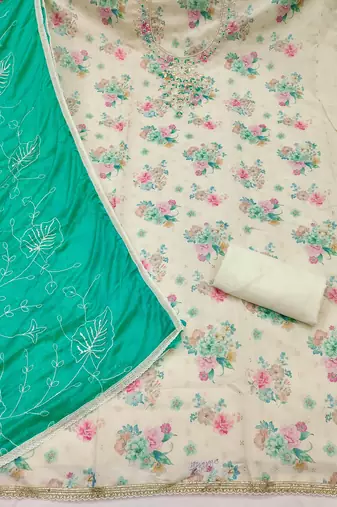 multi unstitched digital print handwork with embroidered dupatta modal butti chanderi dress material