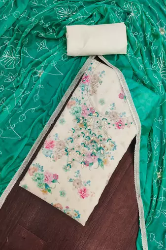 multi unstitched digital print handwork with embroidered dupatta modal butti chanderi dress material