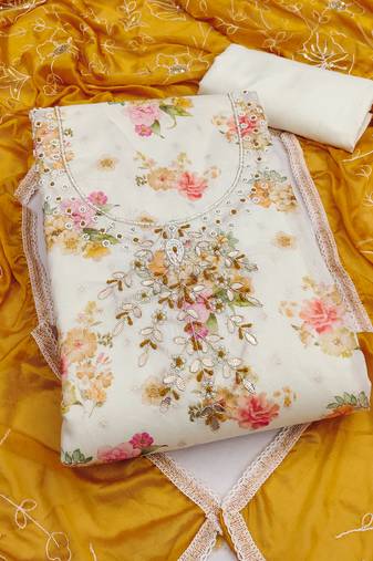 multi unstitched digital print handwork with embroidered dupatta modal butti chanderi dress material
