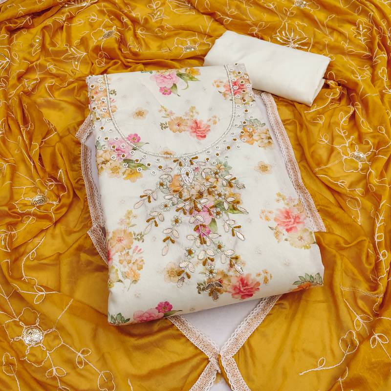 multi unstitched digital print handwork with embroidered dupatta modal butti chanderi dress material