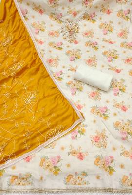 multi unstitched digital print handwork with embroidered dupatta modal butti chanderi dress material 2