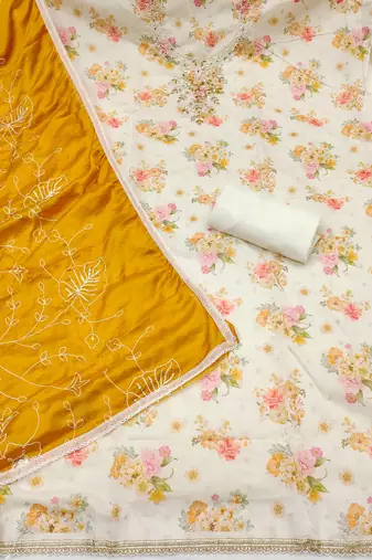 multi unstitched digital print handwork with embroidered dupatta modal butti chanderi dress material