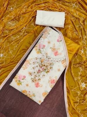 multi unstitched digital print handwork with embroidered dupatta modal butti chanderi dress material 4