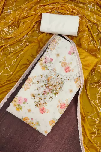 multi unstitched digital print handwork with embroidered dupatta modal butti chanderi dress material