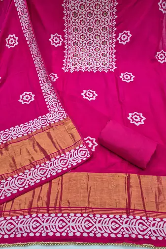 magenta unstitched print handwork with printed dupatta dress material