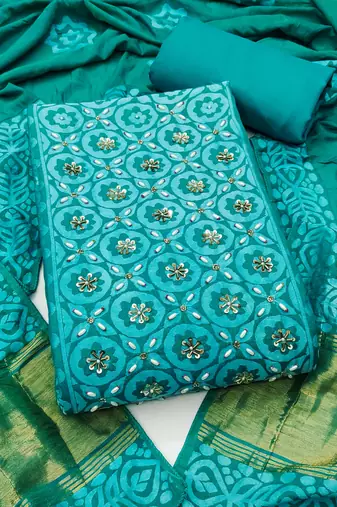 sea green unstitched print handwork with printed dupatta dress material