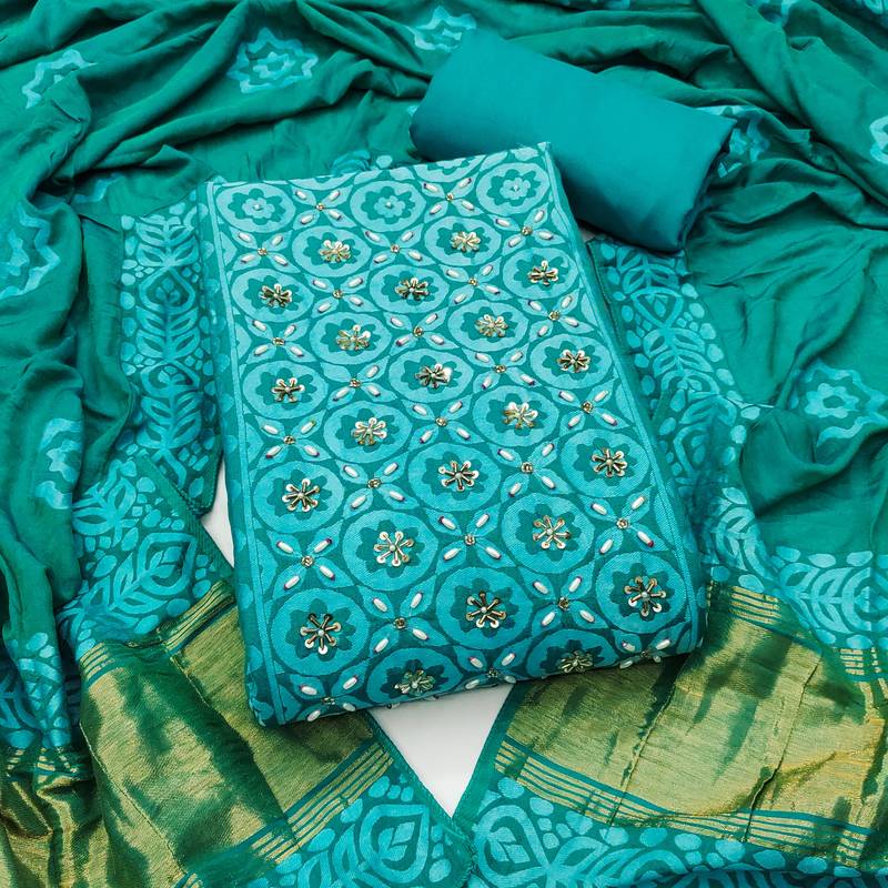 sea green unstitched print handwork with printed dupatta dress material