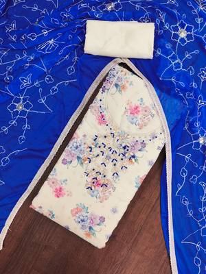 multi unstitched digital print handwork with embroidered dupatta modal butti chanderi dress material 4