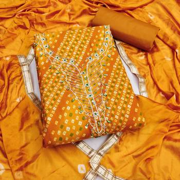 mustard unstitched print handwork with bandhani printed dupatta jam dress material 1