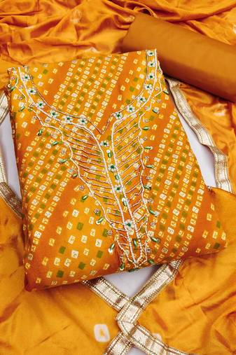 mustard unstitched print handwork with bandhani printed dupatta jam dress material