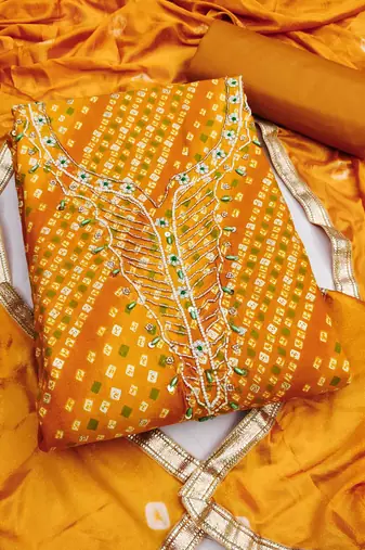mustard unstitched print handwork with bandhani printed dupatta jam dress material