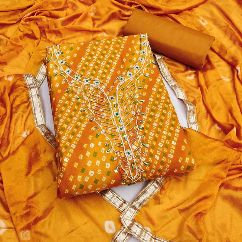 mustard unstitched print handwork with bandhani printed dupatta jam dress material
