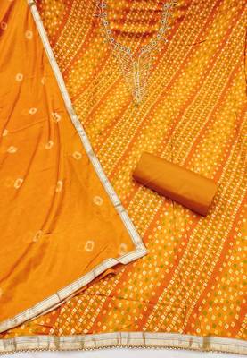 mustard unstitched print handwork with bandhani printed dupatta jam dress material 2
