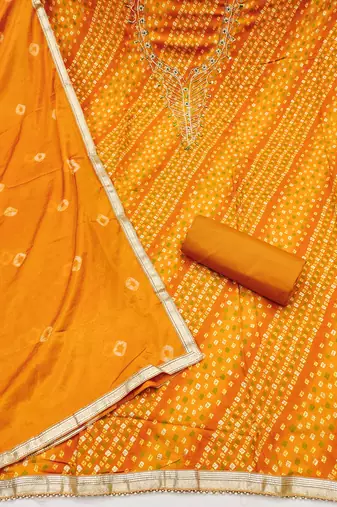 mustard unstitched print handwork with bandhani printed dupatta jam dress material