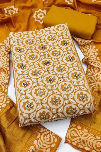 mustard unstitched print handwork with printed dupatta dress material