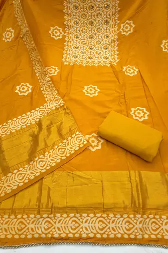 mustard unstitched print handwork with printed dupatta dress material