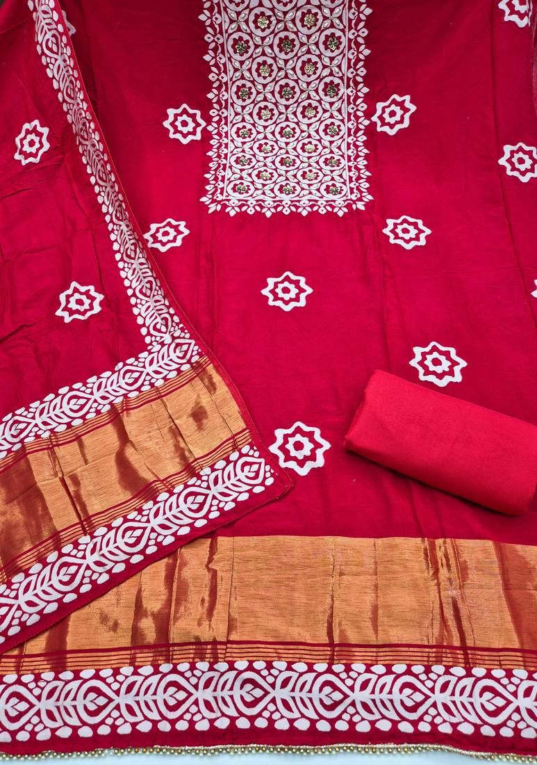 maroon unstitched print handwork with printed dupatta dress material