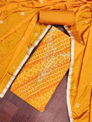 mustard unstitched print handwork with bandhani printed dupatta jam dress material 4