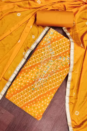 mustard unstitched print handwork with bandhani printed dupatta jam dress material