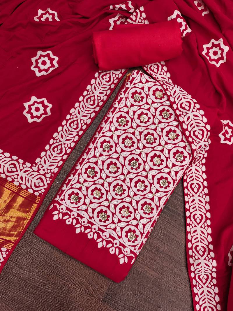 maroon unstitched print handwork with printed dupatta dress material