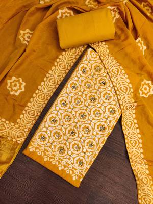 mustard unstitched print handwork with printed dupatta dress material 4