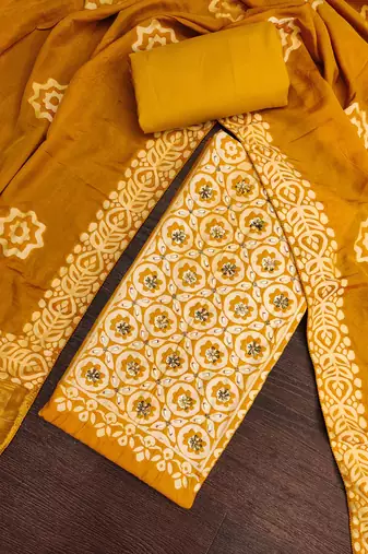 mustard unstitched print handwork with printed dupatta dress material