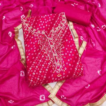 pink unstitched print handwork with bandhani printed dupatta jam dress material 1