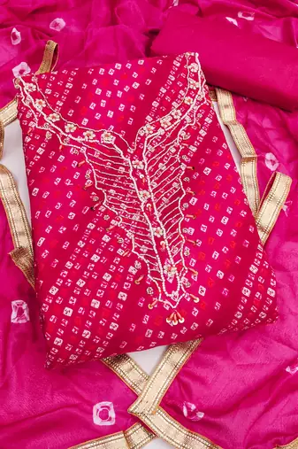 pink unstitched print handwork with bandhani printed dupatta jam dress material