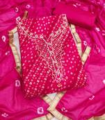 pink unstitched print handwork with bandhani printed dupatta jam dress material