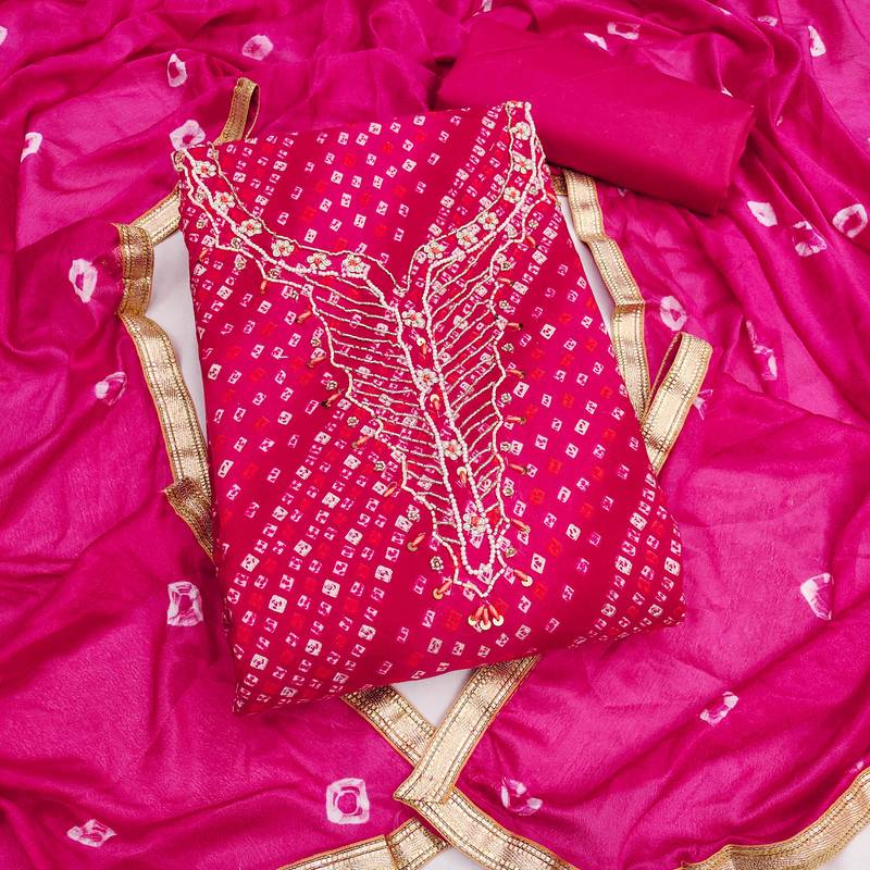 pink unstitched print handwork with bandhani printed dupatta jam dress material