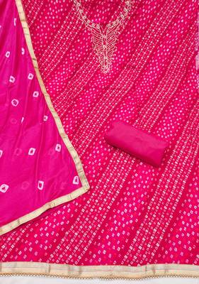 pink unstitched print handwork with bandhani printed dupatta jam dress material 2