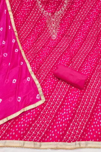 pink unstitched print handwork with bandhani printed dupatta jam dress material