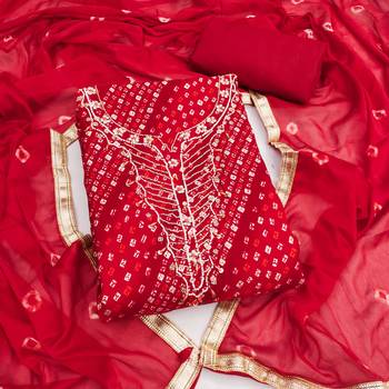 red unstitched print handwork with bandhani printed dupatta jam dress material 1