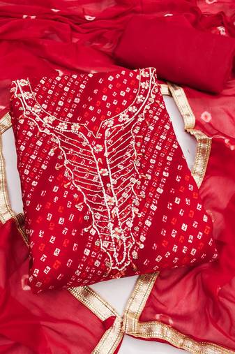red unstitched print handwork with bandhani printed dupatta jam dress material