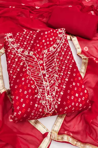 red unstitched print handwork with bandhani printed dupatta jam dress material