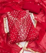 red unstitched print handwork with bandhani printed dupatta jam dress material